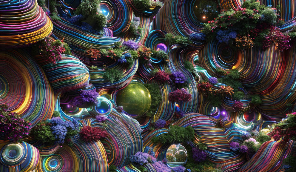 Colorful swirling patterns with flora and orbs in a whimsical digital artwork