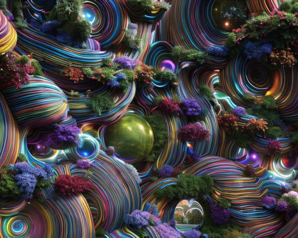 Colorful swirling patterns with flora and orbs in a whimsical digital artwork