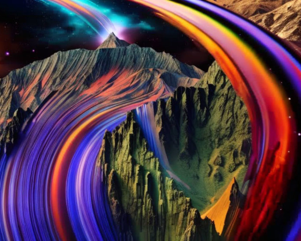 Colorful cosmic ribbons swirling over majestic mountains in digital art