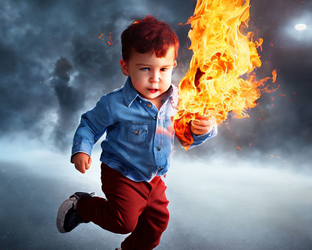Toddler in red pants and blue shirt running with torch under dramatic sky with comet.
