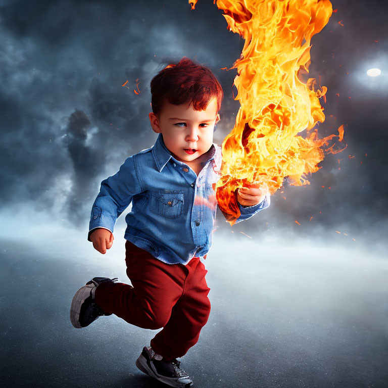 Toddler in red pants and blue shirt running with torch under dramatic sky with comet.