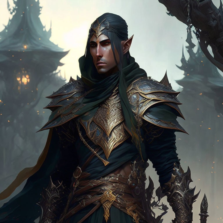 Male elf in detailed fantasy armor with green cloak, against misty castle backdrop