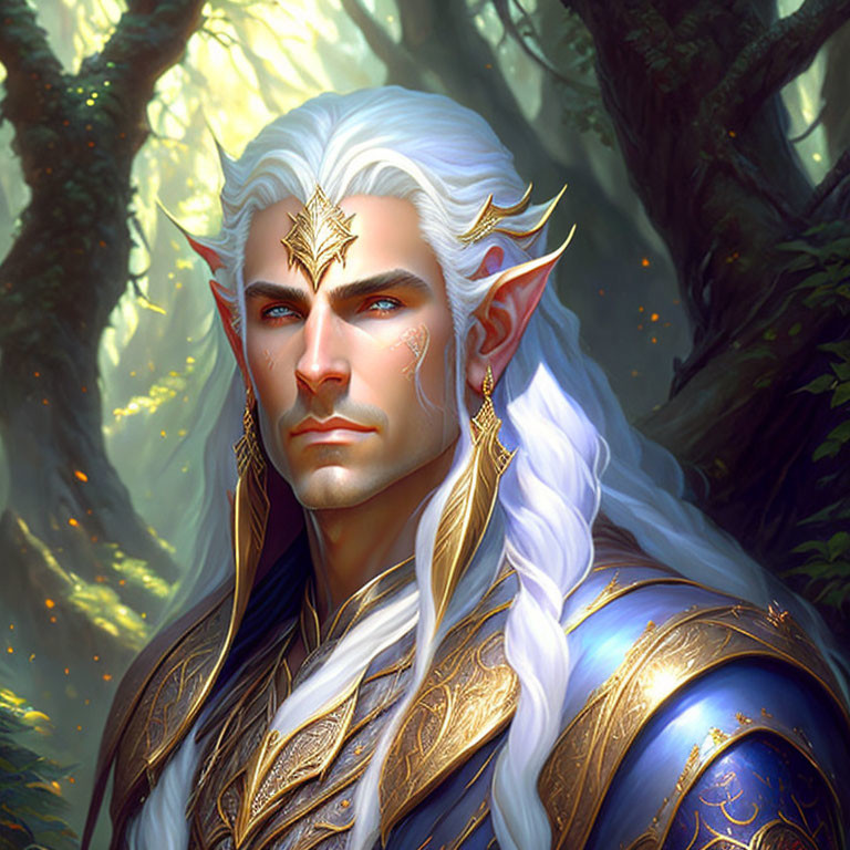White-haired elf in golden diadem and blue armor in enchanted forest.