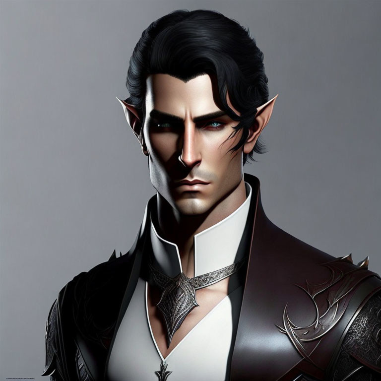 Male fantasy elf digital artwork: sharp features, pointed ears, black hair, intricate armor.