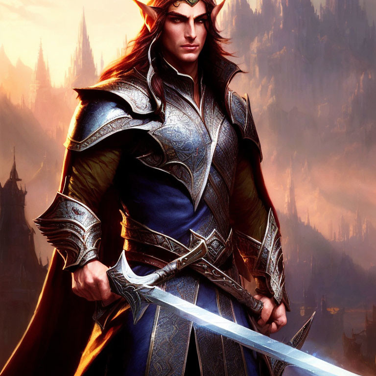 Regal elf in ornate armor with shining sword in mystical castle background