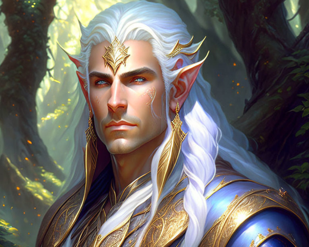 White-haired elf in golden diadem and blue armor in enchanted forest.