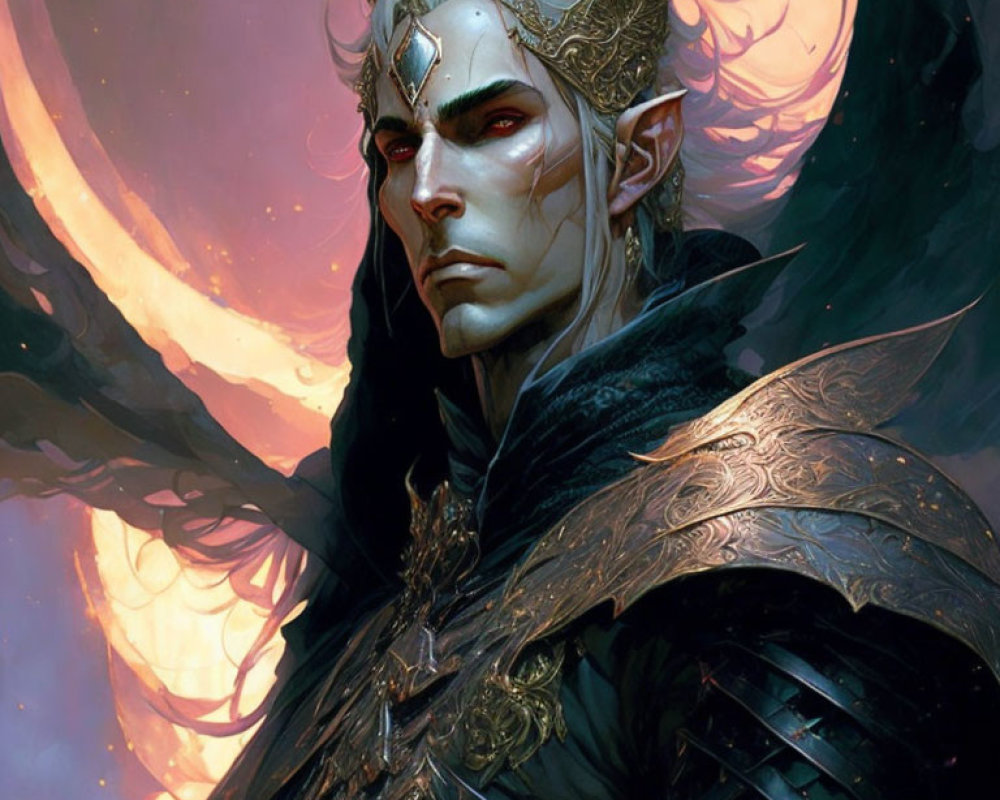 Pale-skinned elf in golden crown-like headgear and dark armor against pinkish moon.