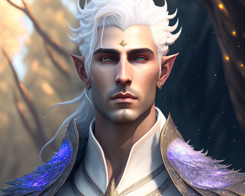 Fantasy male elf portrait with white hair and blue shoulder armor in enchanted forest.