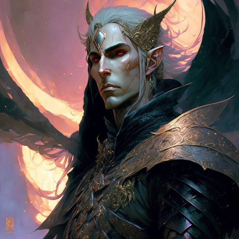 Pale-skinned elf in golden crown-like headgear and dark armor against pinkish moon.