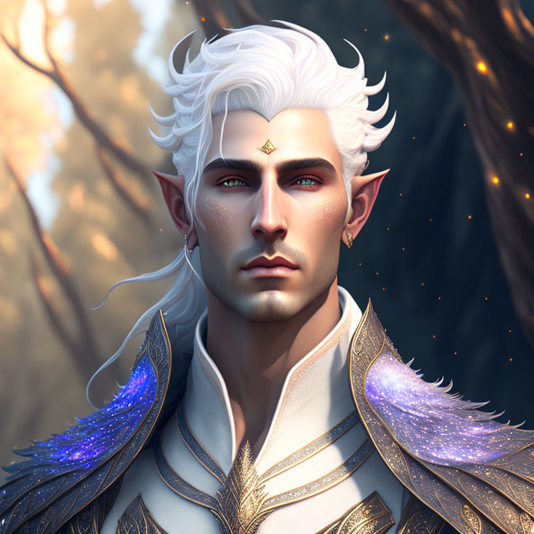 Fantasy male elf portrait with white hair and blue shoulder armor in enchanted forest.