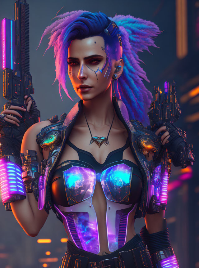 Futuristic woman with blue hair and cybernetic enhancements holding guns