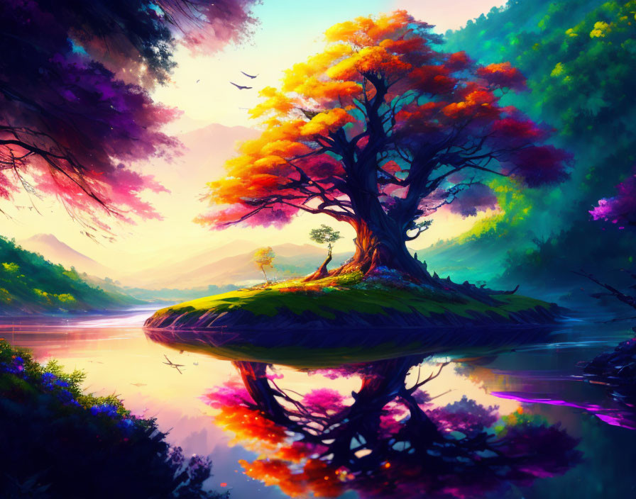 Colorful tree on serene island with reflection, surrounded by vivid foliage under warm sunset sky