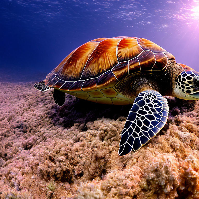 Sea Turtle Swimming Over Coral Reef in Clear Blue Ocean Water