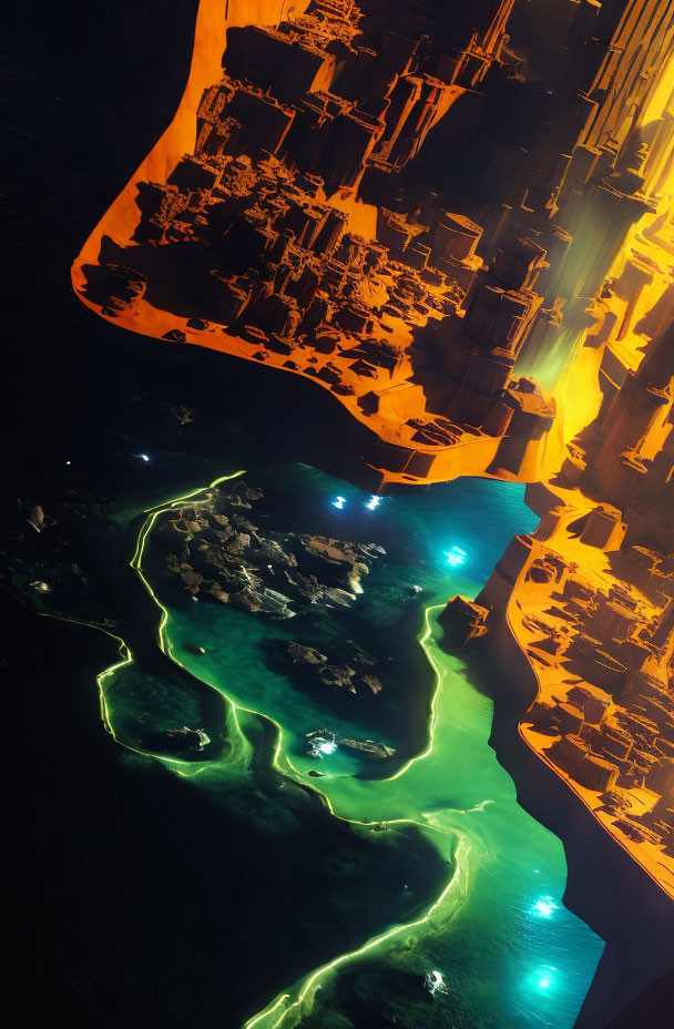 Nighttime aerial view of river delta with vivid blue bioluminescence and city lights contrast.