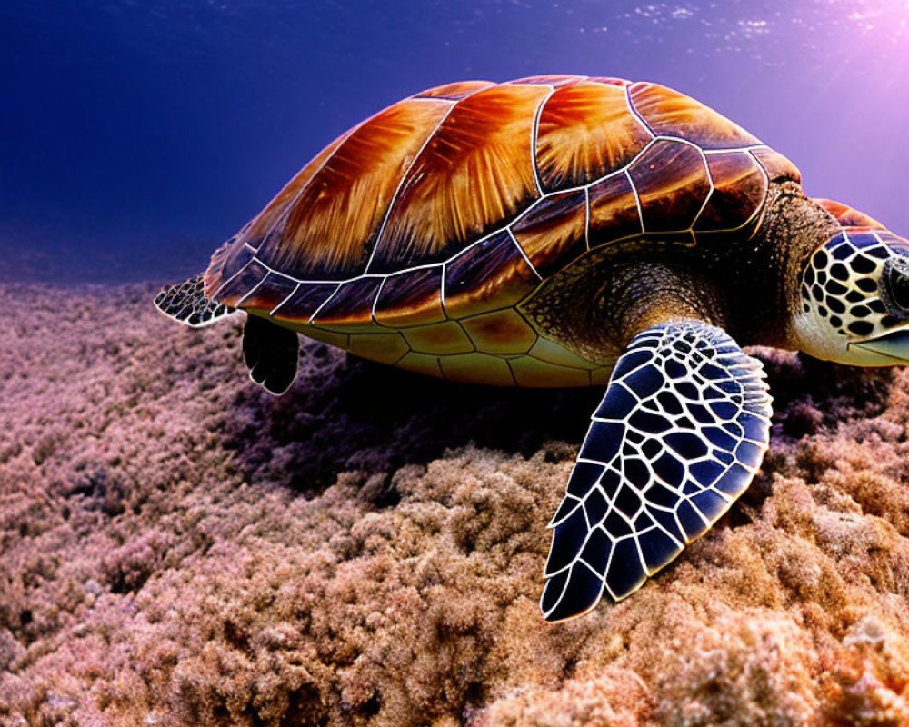 Sea Turtle Swimming Over Coral Reef in Clear Blue Ocean Water