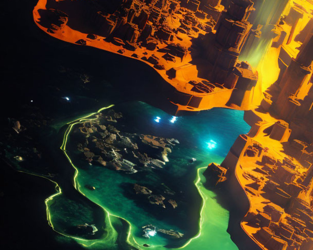 Nighttime aerial view of river delta with vivid blue bioluminescence and city lights contrast.