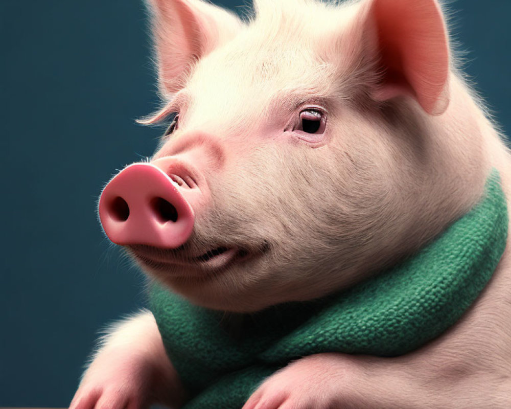 Pink piglet wearing green scarf gazes thoughtfully.