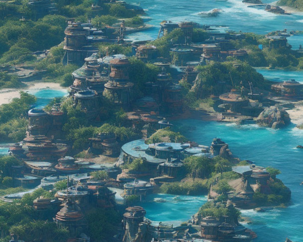 Coastal village with multi-tiered huts on rock formations