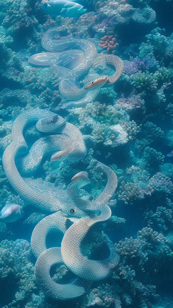 Translucent white eel with patterns swimming among coral reefs in clear blue water