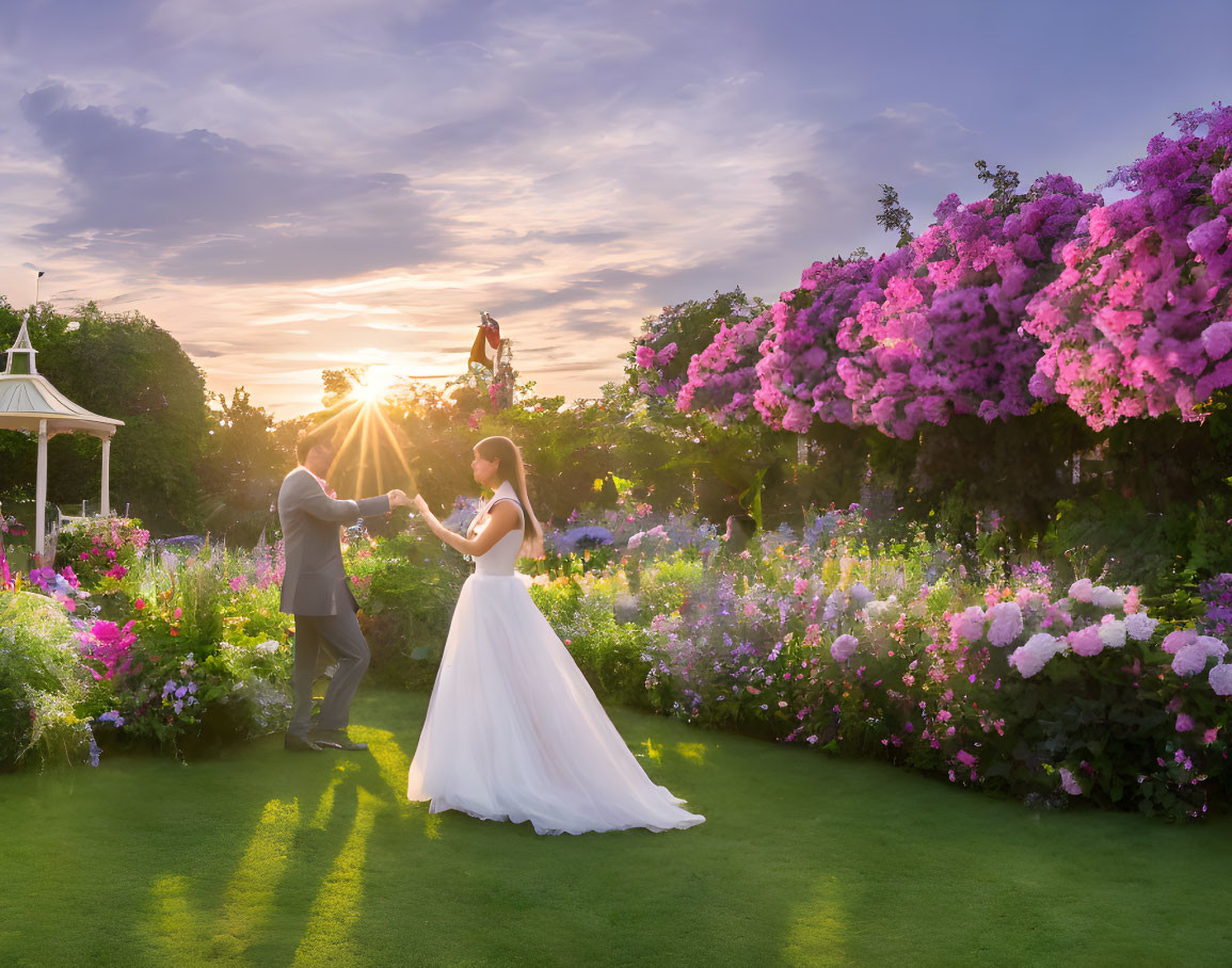 Wedding couple in garden with pink and purple flowers at sunset