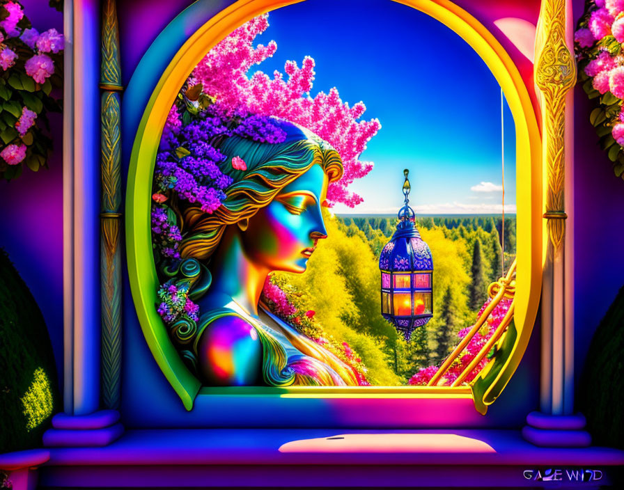 Colorful digital artwork of female figure with floral elements by forest window