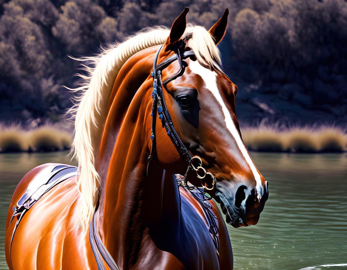 Majestic chestnut horse with white mane in nature setting
