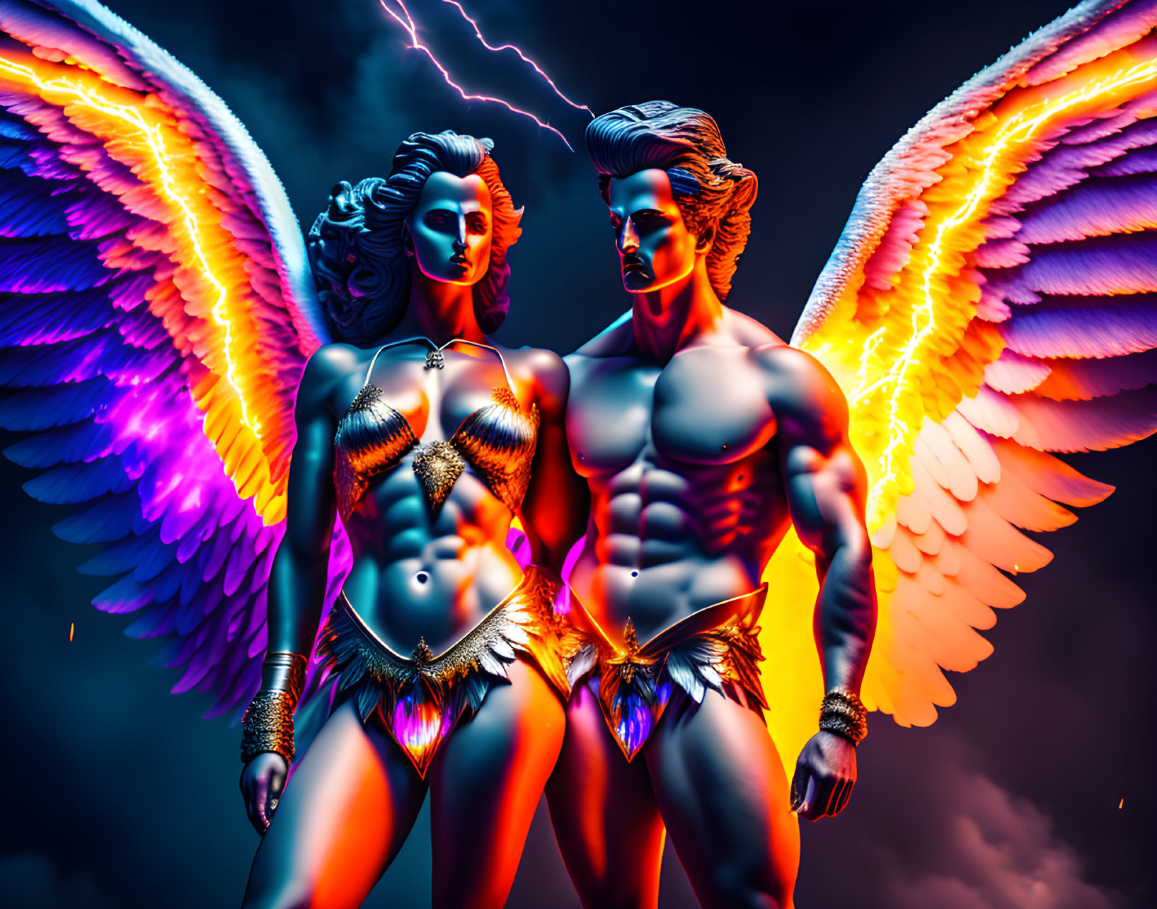 Vibrant winged figures under stormy sky