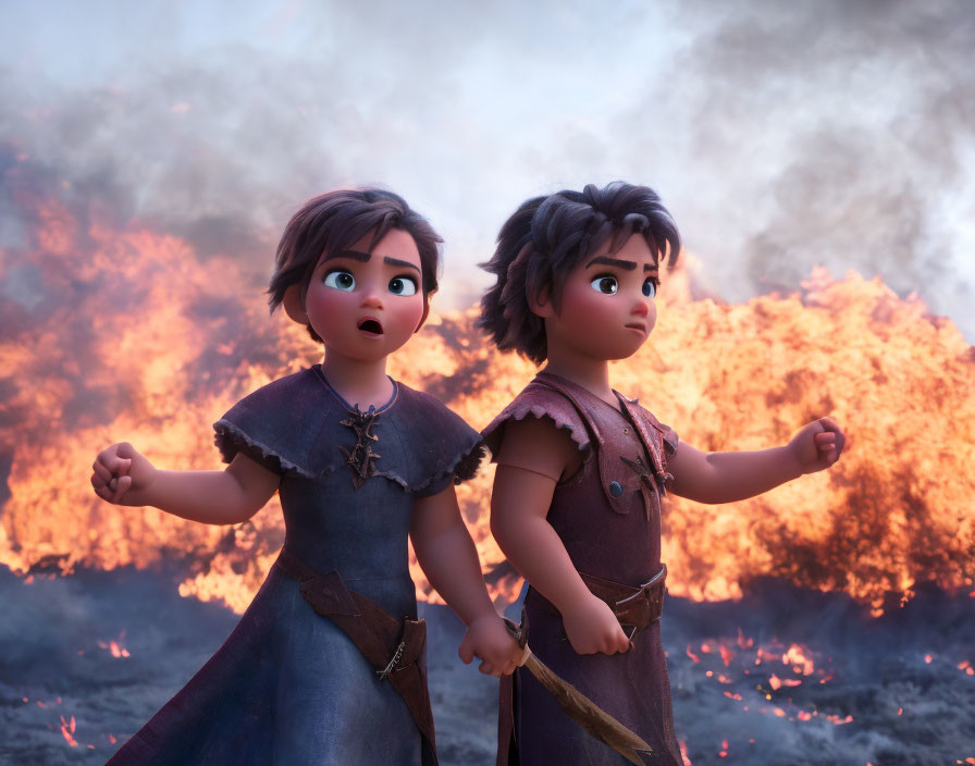 Animated characters shocked by massive fire in background