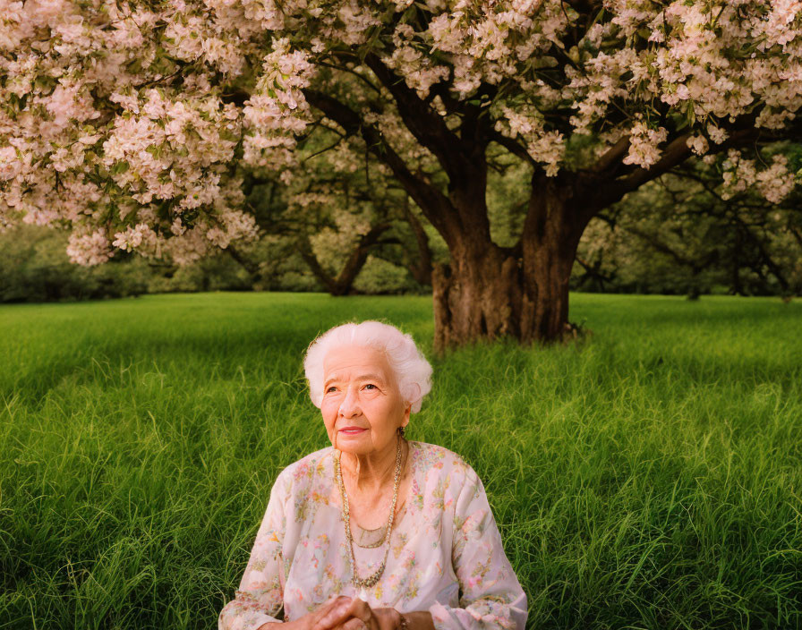 Elderly woman with white hair under blossoming tree in lush meadow