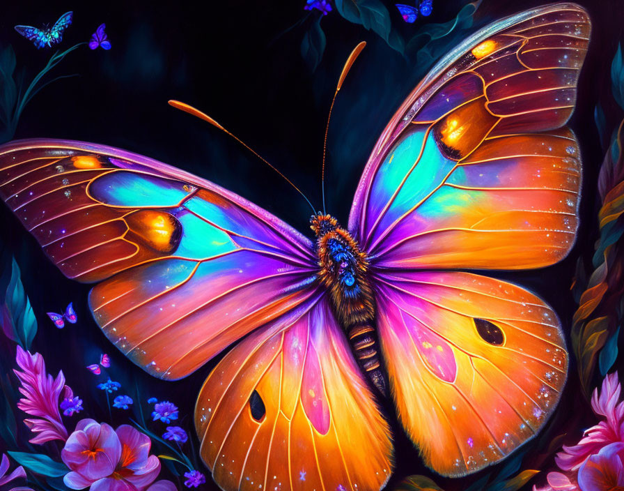 Colorful Butterfly Painting with Detailed Wings and Flowers Against Dark Background