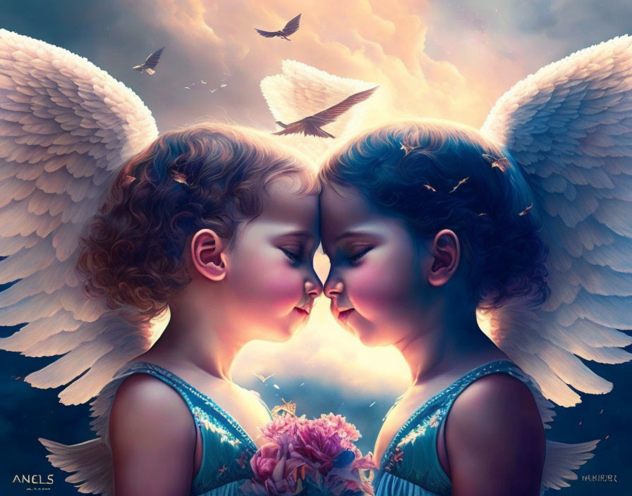 Children with angelic wings holding flowers under dusky sky