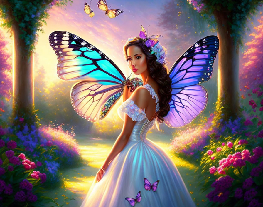 Colorful Butterfly-Winged Woman in Enchanted Forest