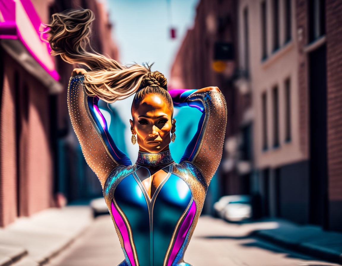 Futuristic woman in glittering jumpsuit on urban street