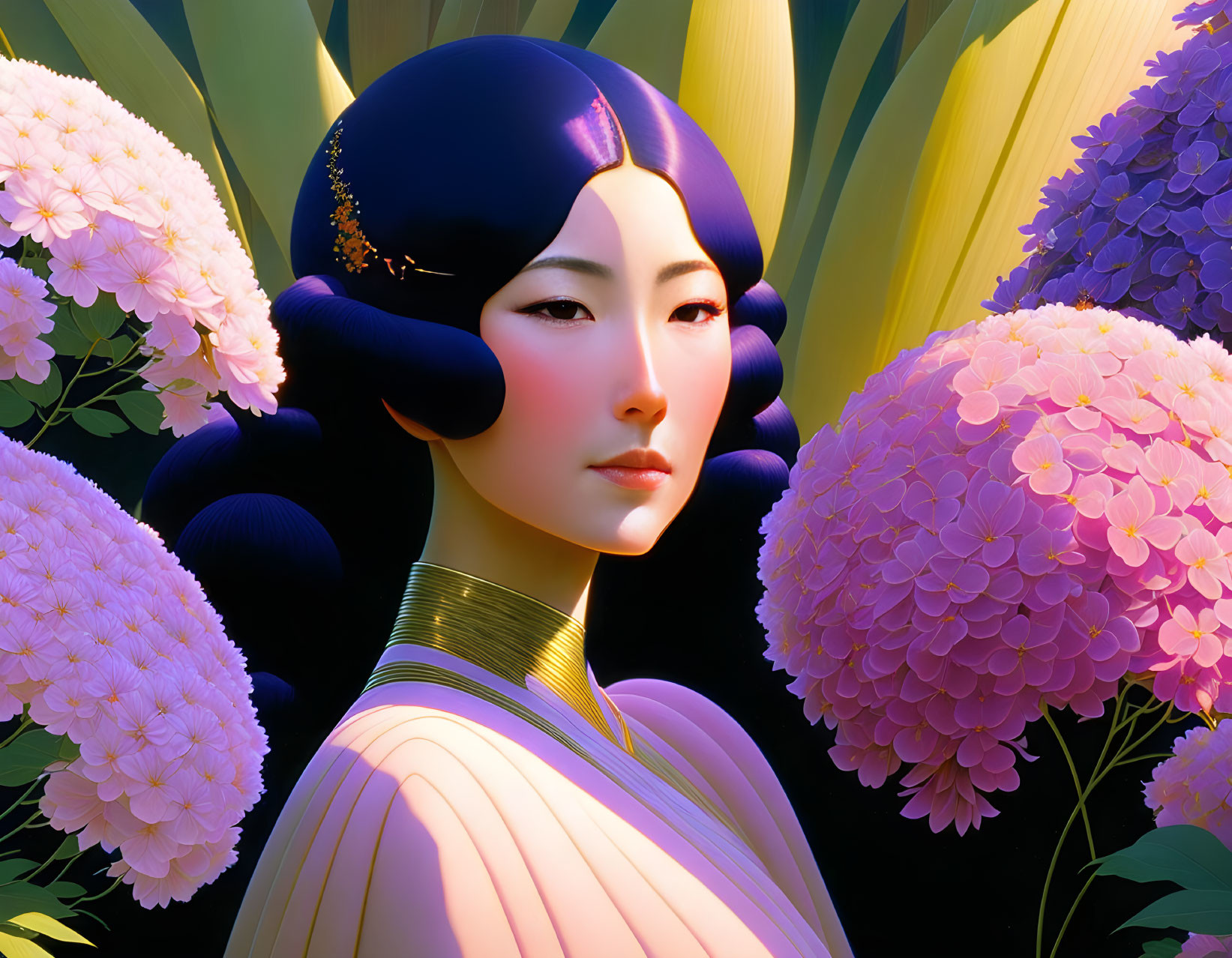Stylized woman with blue hair in traditional attire among pink hydrangeas