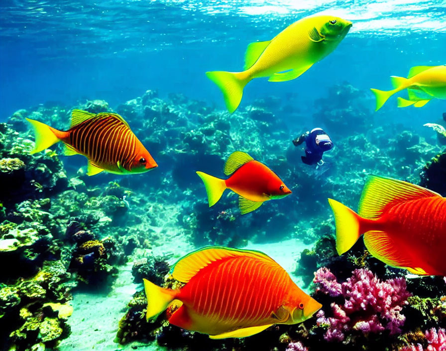 Vibrant coral reef with colorful fish in clear blue waters