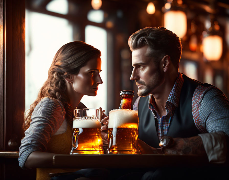 Man and woman at rustic bar with beer in warmly lit setting