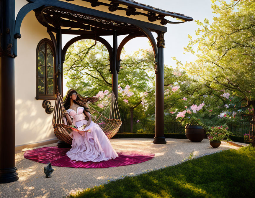 Woman in Pink Dress Relaxing in Hanging Chair Surrounded by Greenery and Flowers