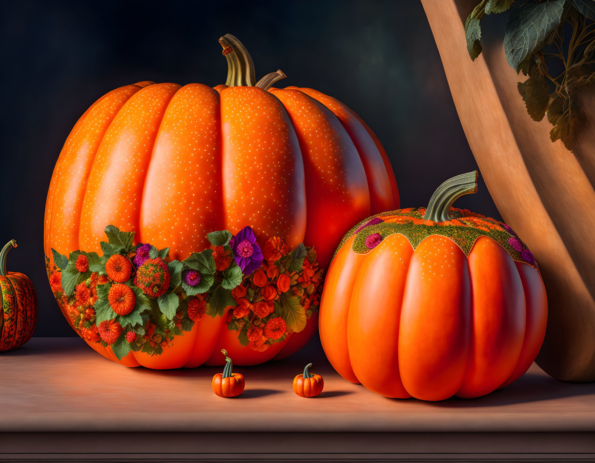 Three large pumpkins decorated with flowers and leaves on wooden surface with mini pumpkins nearby