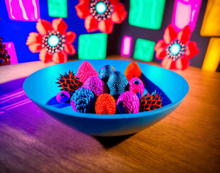 Neon-Colored Easter Eggs in Blue Bowl with Floral Decorations
