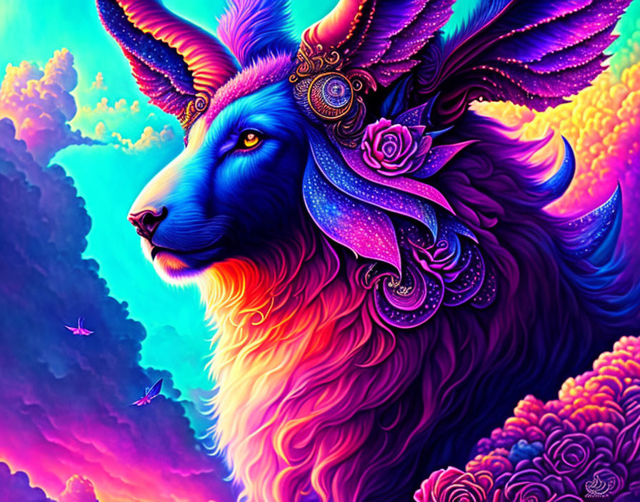 Fantastical goat illustration in vibrant colors on magical background