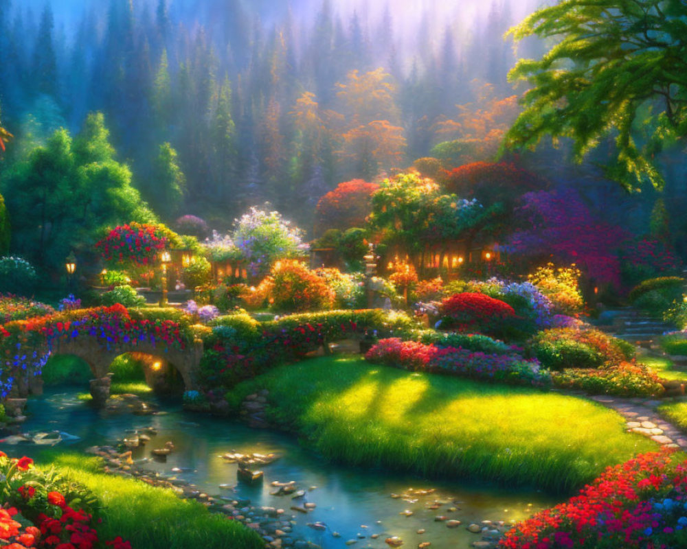 Colorful Flower Garden with Stone Bridge and Tranquil Stream
