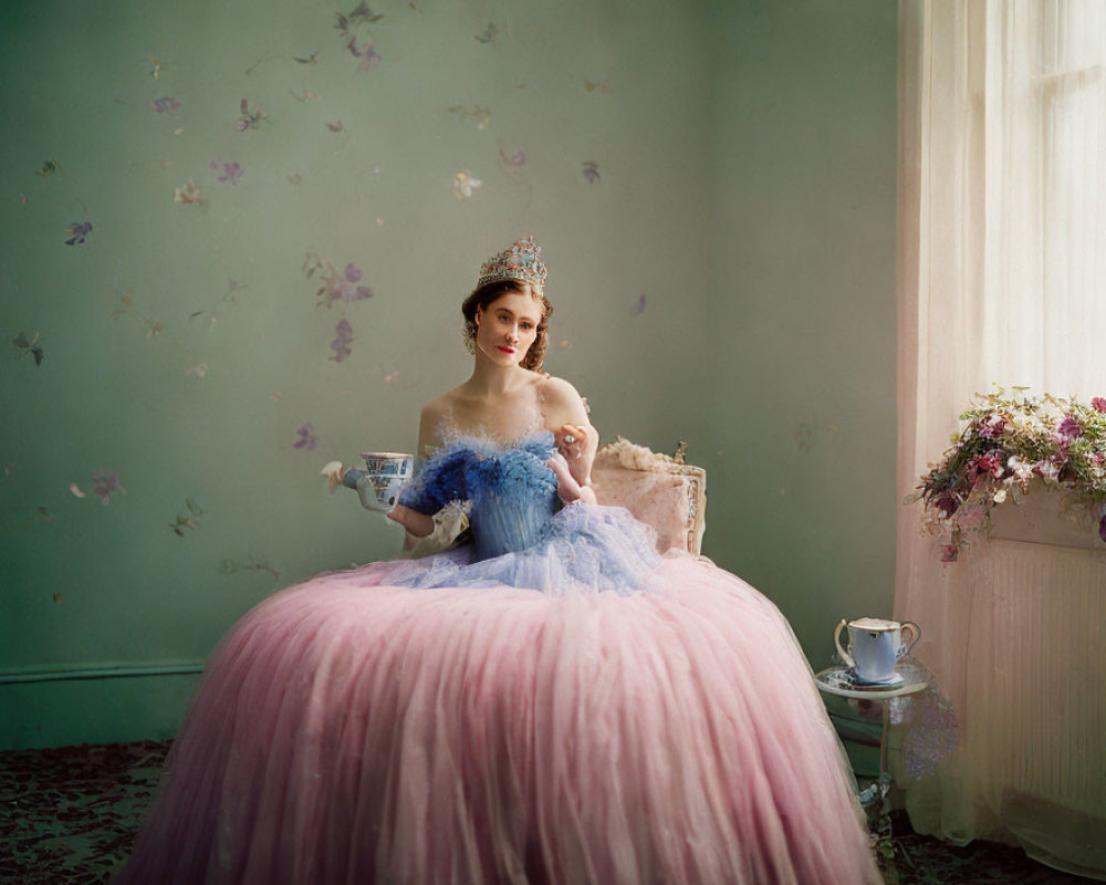 Elegant woman in pink gown with tiara in whimsical butterfly room
