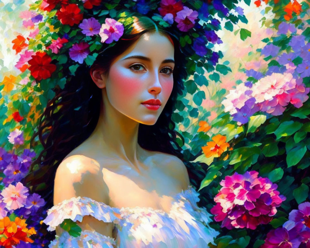 Portrait of Woman with Dark Hair Among Colorful Flowers