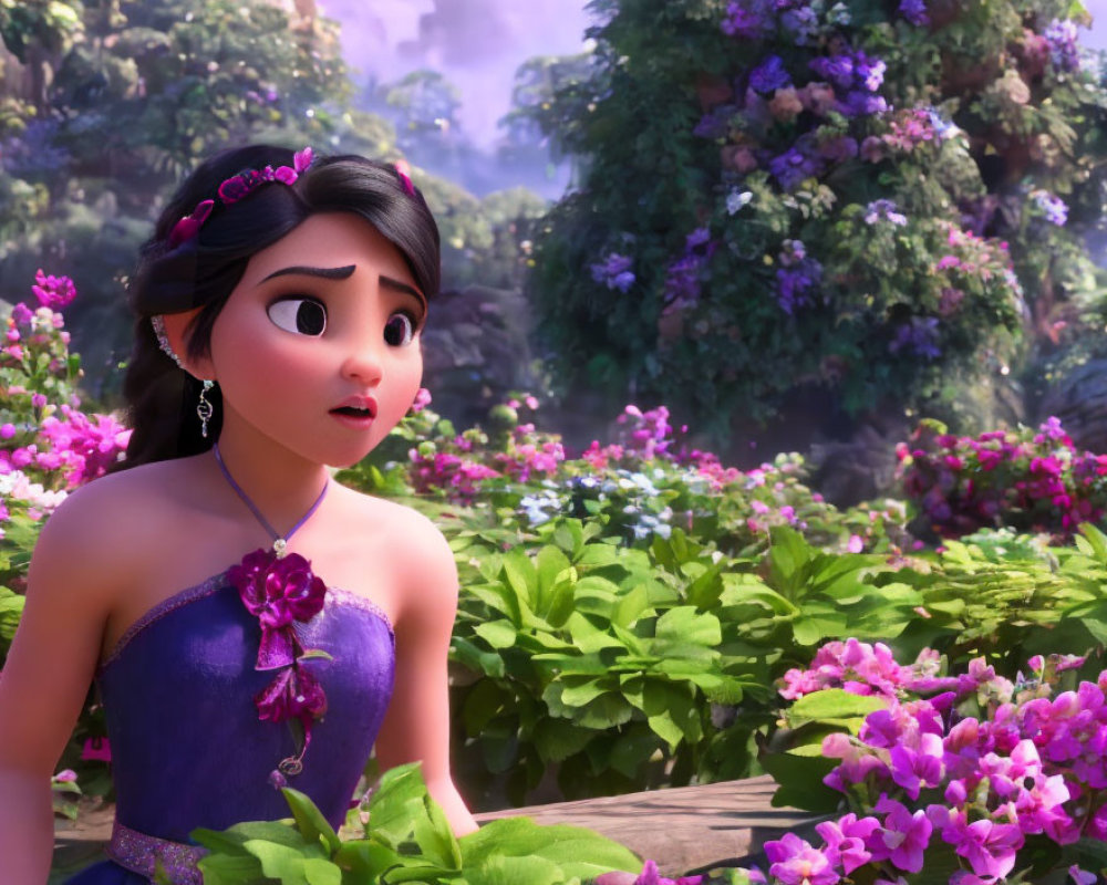 Animated girl in purple dress surrounded by vibrant flowers and misty trees
