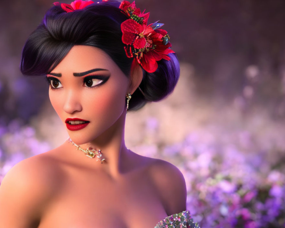 Dark-haired animated woman with red flower hair adornments, striking makeup, and elegant jewelry against purple floral