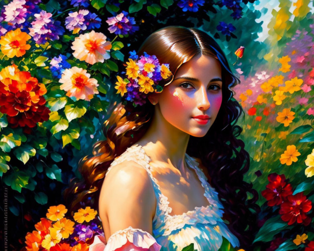 Woman with Long Curly Hair Surrounded by Vibrant Flowers