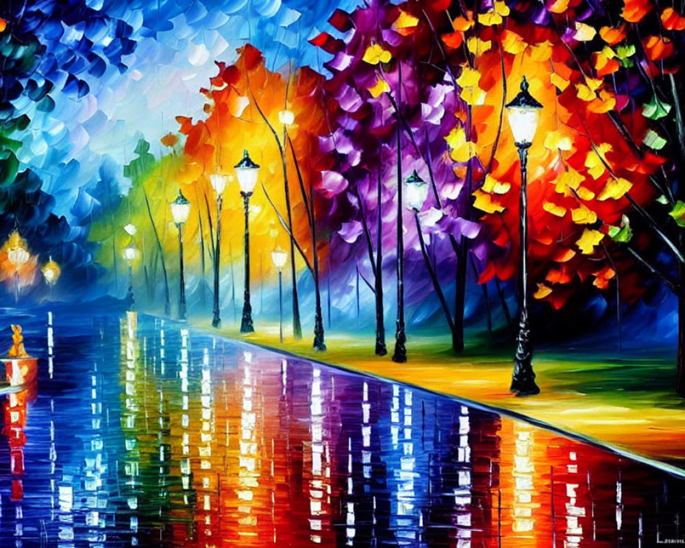 Colorful Painting: Rainy Street Scene with Illuminated Lampposts and Trees