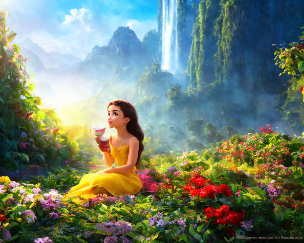 Yellow-dressed animated character in lush garden with waterfall.