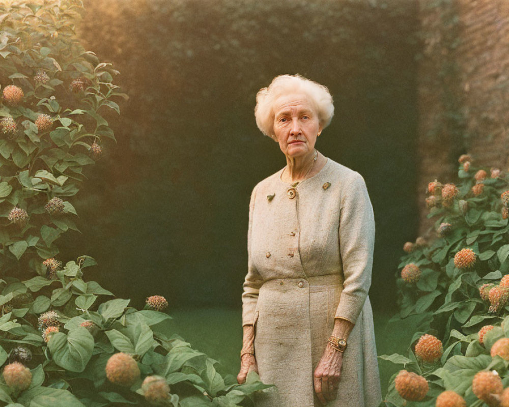 Elderly lady with white hair in beige coat among green bushes