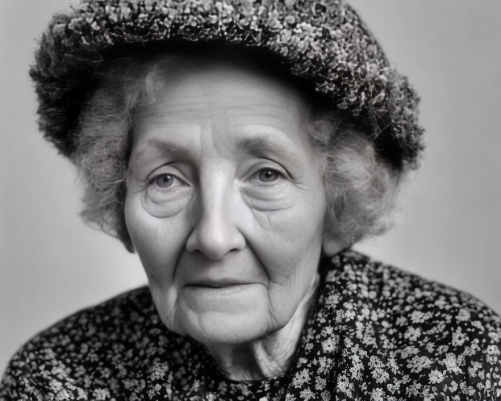 Elderly woman portrait in black and white with textured hat and floral attire